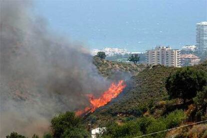 Aspecto que presentaba el incendio declarado ayer entre Ojén y Marbella. Al fondo edificios de Marbella.