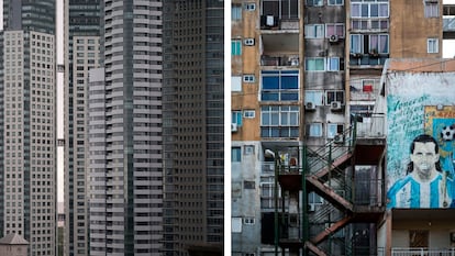 A la izquierda, rascacielos en el barrio Puerto Madero  en Buenos Aires, Argentina. A la derecha, edificios de la villa 31.