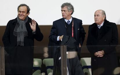 Los presidentes de la UEFA, la RFEF y la FIFA, en 2014.