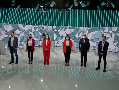 Los candidatos a las elecciones de la Comunidad de Madrid del próximo 4 de mayo, durante el debate electoral de este miércoles en Telemadrid.