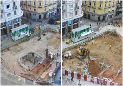 Antes y después de las obras que se están realizando en la estación de metro de Gran Vía.