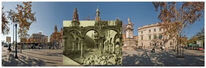 Retrofotografiar Barcelona con Mark Klett. 'Ruinas del convento de San Sebastián Ruinas', obra de PEdro Arroyo realizada a partir de la imagen realizada entre 1926 y 1927, de autor desconocido, que muestra el derribo este convento, situado al comienzo de la Vía Laietana.