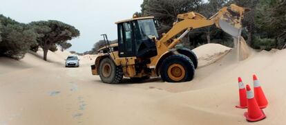 Una excavadora extrae arena en la carretera de acceso a Punta Paloma.