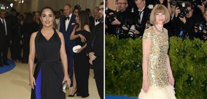 La actriz Salma Hayek y, a la derecha, la editora de 'Vogue' Anna Wintour en la pasada gala del Met.