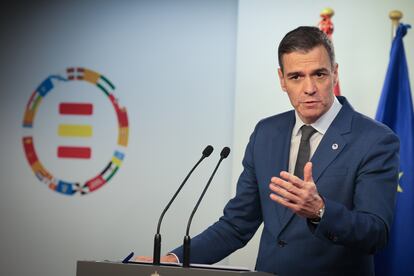 Pedro Sánchez, durante su comparecencia este jueves en Bruselas.