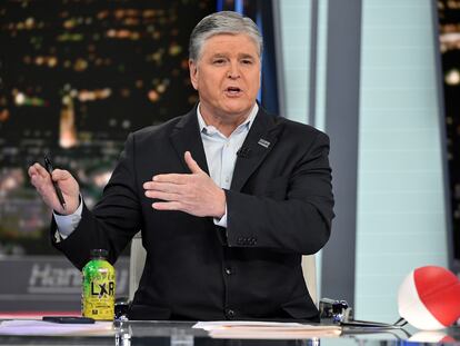 Fox News commentator Sean Hannity speaks during an interview at Fox News Studios, March 16, 2023, in New York.