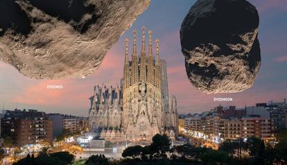 Recreació dels asteroides Dydimos i Dydimoon apropant-se a la Sagrada Família.