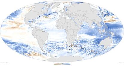 Mapa del nivel del mar en 2012, en comparación con la media de 1993-2012, basado en datos tomados desde satélite.