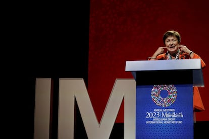 La directora gerente del FMI, Kristalina Georgieva, durante el arranque de las reuniones en Marraquech.