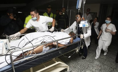 Chapecoense player Alan Ruschel arrives at a hospital in La Ceja, Colombia