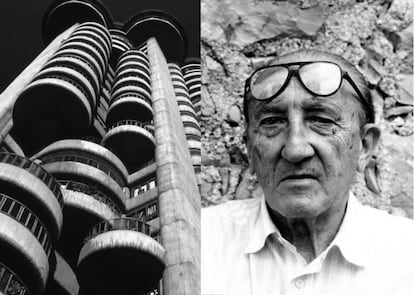 A la izquierda, Torres Blancas, en Madrid, una de las obras más emblemáticas del arquitecto navarro. A la derecha, Francisco Javier Sáenz de Oiza en su casa de Mallorca. |