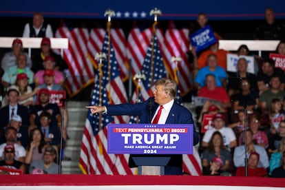 Former U.S. President and Republican presidential candidate Donald Trump points towards the attendees as he speaks during a campaign rally in Erie, Pennsylvania, U.S., July 29, 2023.