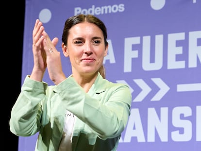 Irene Montero, ministra de Igualdad, durante un evento de campaña de Podemos.