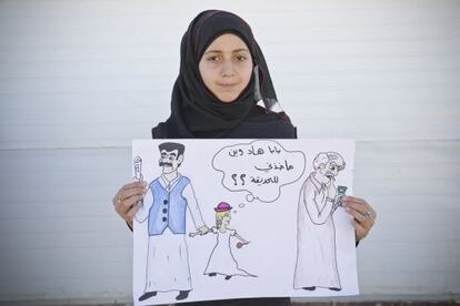 Una niña siria muestra su visión sobre el matrimonio infantil después de acudir a una charla de Save the Children.