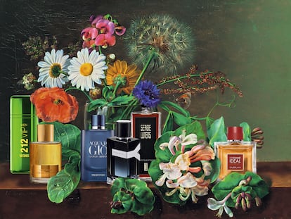 Si los botes de perfumes ya son habitualmente objetos preciosos, imagíneselos pintados en un bodegón. No, no se los imagine, aquí los tiene.