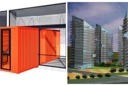 A la izquierda, dibujo del prototipo del barcelonés Gustavo Gili que incorpora un <i>container</i> en el que se instalan el baño y la cocina. A la derecha, simulación de las torres con espacios comunitarios de Ábalos y Herreros.