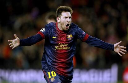 Barcelona&#039;s Leo Messi celebrates his and the team&#039;s second goal in the victory over AC Milan.