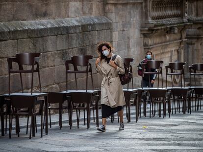 A closed sidewalk café in Ourense, Galicia last month.