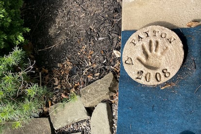 A stone with Payton Gendron‘s handprint, on the porch of his family home in Conklin.