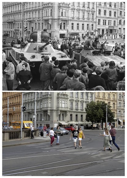 En la imagen superior, un tanque soviético y un transportador de personal blindado se trasladan al centro de Praga como parte de la ocupación de la capital checa, el 21 de agosto de 1968. En la imagen inferior, un grupo de personas cruzan una calle de Praga, el 16 de agosto de 2018.