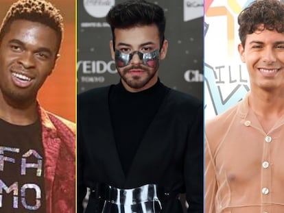 Famous (izquierda), Agoney (centro) y Alfred García, tres ex concursantes de 'Operación Triunfo' que competirán en el Benidorm Fest 2023.