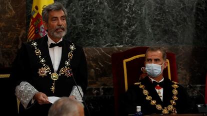 El presidente del Consejo General del Poder Judicial (CGPJ), Carlos Lesmes, interviene en presencia del rey Felipe VI, al inicio del acto de inauguracin del a?o judicial.