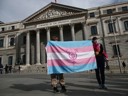 Dos personas sostienen una bandera 'trans' frente al Congreso de los Diputados.