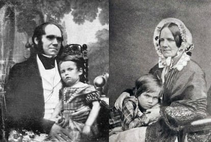 Montaje de una imagen de Charles Darwin y su primog&eacute;nito William con otra de su mujer Emma abrazando a Leonard.