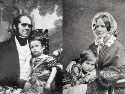 Montaje de una imagen de Charles Darwin y su primog&eacute;nito William con otra de su mujer Emma abrazando a Leonard.