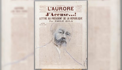 Retrato de Émile Zola sobre el texto de su artículo J'accuse, en la portada de 'L'Aurore' el 13 de enero de 1898. (Dibujo de Ernest Pignon-Ernest).