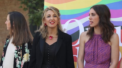 Yolanda Díaz, entre Ione Belarra (izquierda) e Irene Montero, en un acto el pasado 9 de junio.