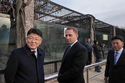 El ministro ruso Alexander Kozlov visita el zoo central de Corea del Norte tras el regalo de más de 70 animales.