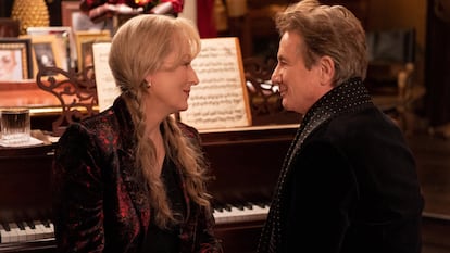 Meryl Streep and Martin Short in a scene from the first episode of season three of ‘Only Murders in the Building.'