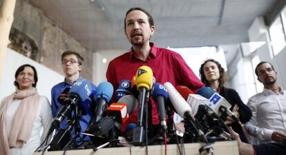 Pablo Iglesias, en la rueda de prensa de Podemos este lunes en Madrid.