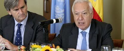 El ministro de Exteriores, Jos&eacute; Manuel Garc&iacute;a-Margallo, durante el almuerzo de trabajo, en la sede de la ONU en Nueva York.