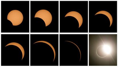 Combo de 8 fotografías que muestra las diferentes fases del eclipse solar total, desde el Observatorio de La Silla, situado en la región de Coquimbo (Chile), el 2 de julio de 2019. Al menos 220.000 turistas se concentraron en la zona para formar parte de la fiesta astronómica, que sumió en completa oscuridad una franja de 150 km del norte de Chile y el centro-norte de Argentina.