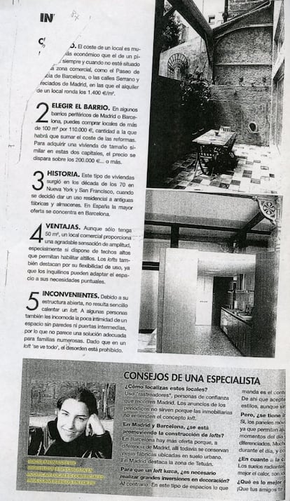 'Elle Deco', 2004. En un recuadro destacado, como "consejos de una experta", Rocío Monasterio responde a las preguntas sobre la construcción de 'lofts' en Madrid y Barcelona. Debajo de su foto, la identifican como arquitecta especializada en modificar locales comerciales. No lo era.