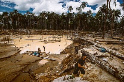 Un grupo de mineros se dedica a la extracción de oro en La Pampa. Primero vino la desforestación del escudo de protección de la reserva nacional de Tambopata hasta acabar con miles de hectáreas de bosque; después, el trabajo en los cráteres arenosos donde las lluvias arrastran el polvo de oro de los Andes.