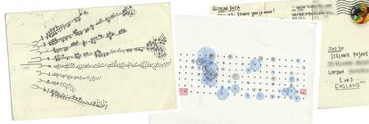 Las postales a través de las que ella y la diseñadora Stefanie Posavec iniciaron una amistad por correo que acabó en libro, ‘Dear Data’: “La idea era conocernos mejor a través de los datos”.