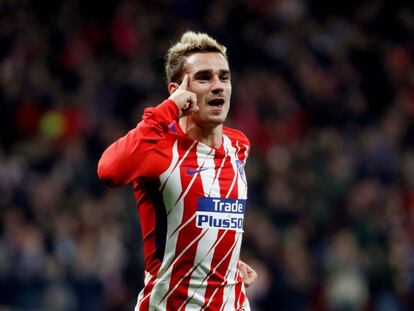 Griezmann celebra un gol en el Atlético-Roma.