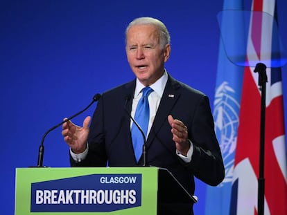 El presidente de EE UU, Joe Biden, pronuncia un discurso durante la cumbre del clima de Glasgow.