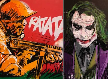 Arriba, el óleo titulado &#39;Ratatata!&#39;  A bajo, retrato del actor Heath Ledger en el papel de Joker.