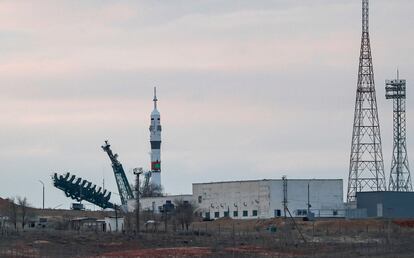 The Soyuz 2.1a booster rocket, carrying the Soyuz MS-25 spacecraft, stands on the launch pad at the Russian leased Baikonur Cosmodrome, Kazakhstan, 21 March 2024.