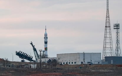 The Soyuz 2.1a booster rocket, carrying the Soyuz MS-25 spacecraft, stands on the launch pad at the Russian leased Baikonur Cosmodrome, Kazakhstan, 21 March 2024.