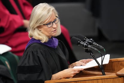 Former U.S. Rep. Liz Cheney delivers the commencement address at Colorado College, on May 28, 2023, in Colorado Springs, Colorado.