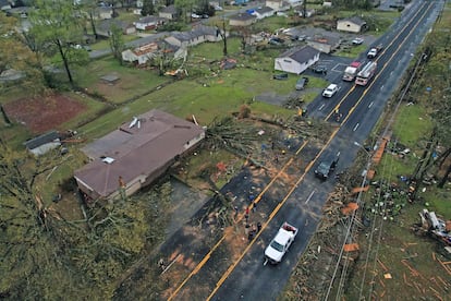 Damage to homes on E. Kiehl Ave. can be seen after a tornado caused extensive damage in the area Friday, March 31, 2023, in Sherwood, Arkansas.