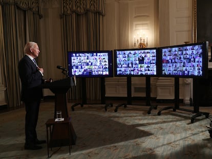 US President Joe Biden swears in appointees in a virtual ceremony at the White House after his inauguration.