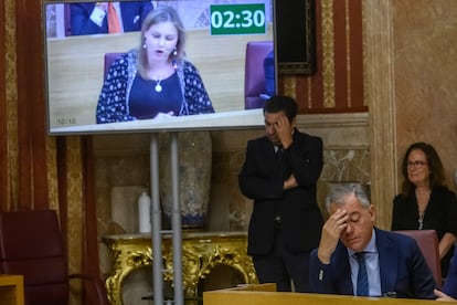 El alcalde de Sevilla, José Luis Sanz, durante la intervención de la portavoz de Vox en el Ayuntamiento, Cristina Peláez (en pantalla), durante el pleno del ayuntamiento de Sevilla donde se ha sometido a una cuestión de confianza.