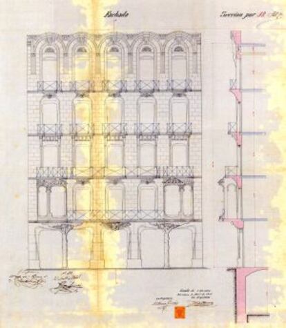 Alzado y sección de la fachada de la casa Antonia Burés de 1903.