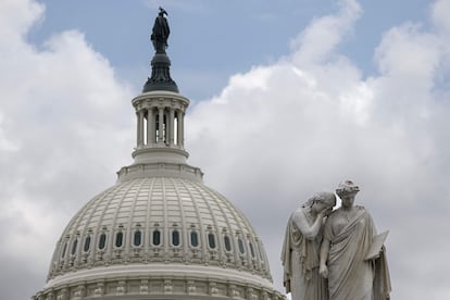 The Peace Monument with a figure of Grief weeping on the shoulder of History is seen in front of the US Capitol in Washington, DC